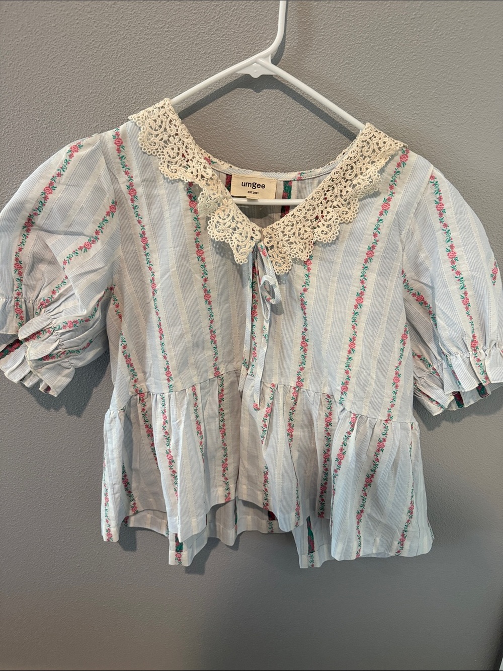 Umgee Blue & Pink Striped Floral Peplum Top with Lace Collar